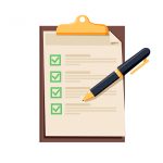 Checklist icon. Document with green ticks checkmarks. Checklist and pen. Application form, complete tasks with to-do list, survey concepts. Vector icon. Questionnair or Office business report